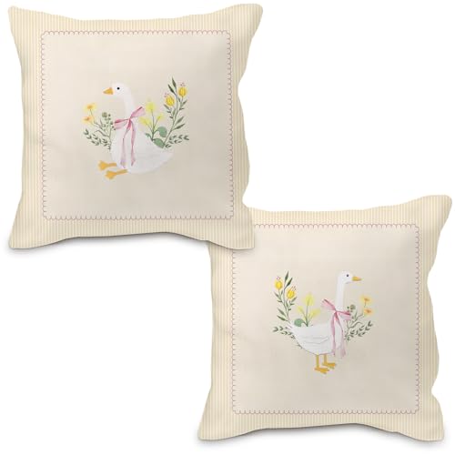 Nvotell Coquette Pink Bow Floral Goose Pillow Covers 18x18, Goose Nursery Decor, Vintage Flower Cute Geese Decorative Throw Pillow Case Covers for Baby Little Girls Room Bedroom, Set of 2 - Image 1