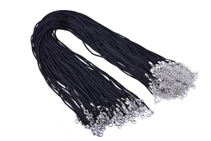 KONMAY Necklace Cord 50PCS 20 Black Satin Silk Necklace Cord 20mm with Dull Silver Metal Parts