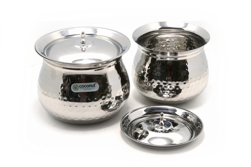 Coconut Gaze Hammered Stainless Steel Cookware Handi with Lids - 2 Units (Capacity - 850 & 1400 ML) - Image 2