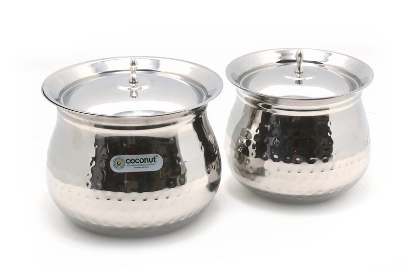 Coconut Gaze Hammered Stainless Steel Cookware Handi with Lids - 2 Units (Capacity - 850 & 1400 ML) - Image 1