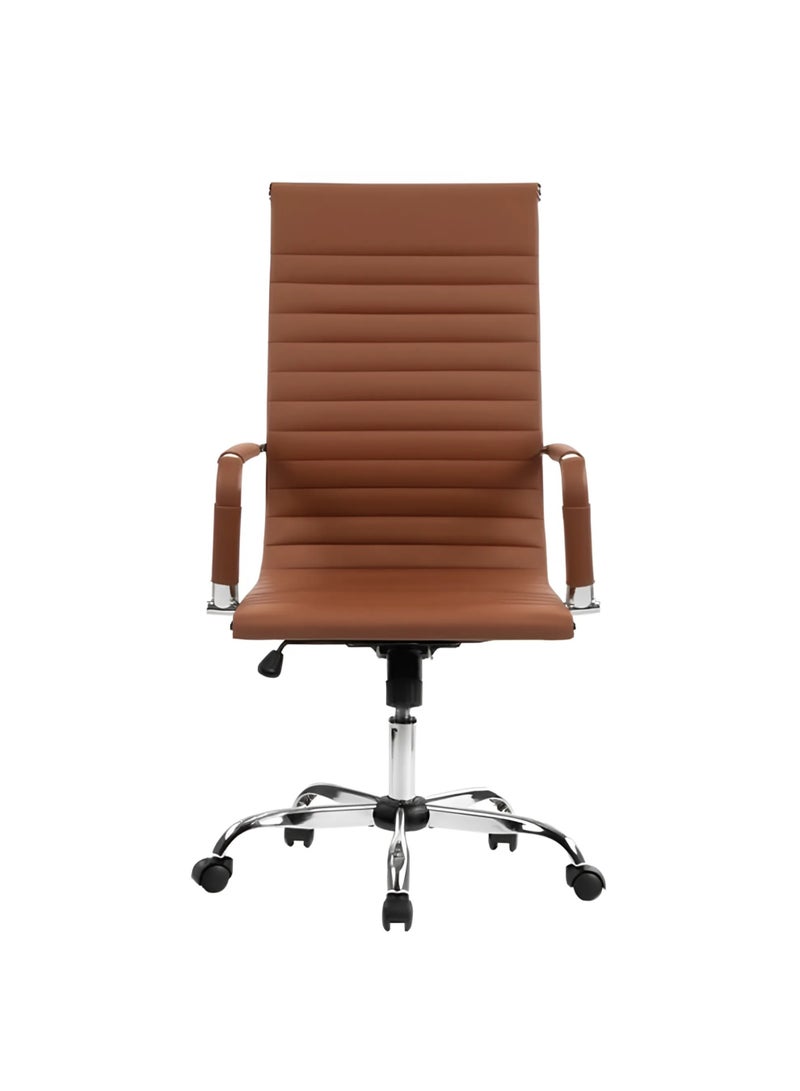 كستم ديكو كرسي مكتب مريح من الجلد البني - ظهر مرتفع، ارتفاع قابل للتعديل، مساند ذراع من الكروم، دوار وعجلات - مثالي للمنزل والمكتب - Image 5