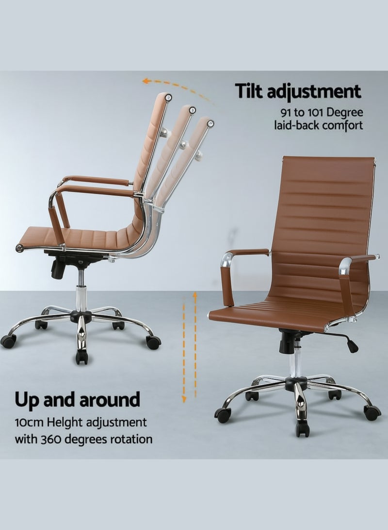 كستم ديكو كرسي مكتب مريح من الجلد البني - ظهر مرتفع، ارتفاع قابل للتعديل، مساند ذراع من الكروم، دوار وعجلات - مثالي للمنزل والمكتب - Image 2