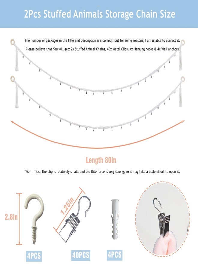 LONCHDAN 2PCS Stuffed Animals Storage Chain Organizers 80" Cotton Hanging Storage Chain with 40 Metal Clips Stuffed Animal Display Holder Chain for Wall or Corner Nursery Play Room - Image 2