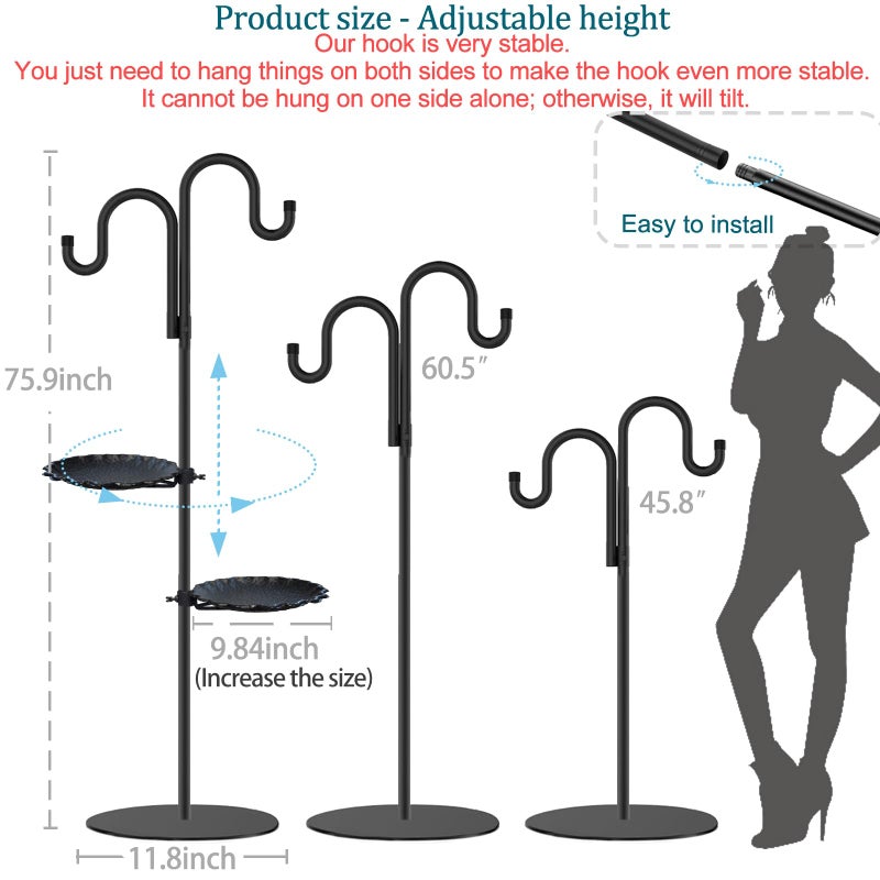 Vorriop Upgraded 74" Shepherd's Hook Stand plantï¼ŒBird Feederï¼ŒWind Chime Hanger Stand, Waterproof Metal & Adjustable-Height Standing Pole Holder for Lantern and Wreath, Indoor & Outdoorï¼ˆ2 Placement Racks) - Image 2