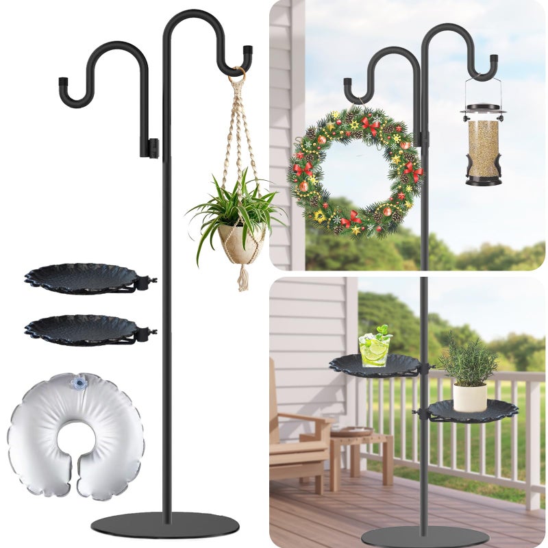 Vorriop Upgraded 74" Shepherd's Hook Stand plantï¼ŒBird Feederï¼ŒWind Chime Hanger Stand, Waterproof Metal & Adjustable-Height Standing Pole Holder for Lantern and Wreath, Indoor & Outdoorï¼ˆ2 Placement Racks) - Image 1
