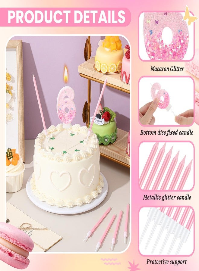 MTLEE Number 6th Pink Sequin Birthday Candles with 12 Pcs Pink Glitter Candles for Girls Princess Pastel Rainbow Unicorn Sweet Theme Birthday Decorations - Image 3