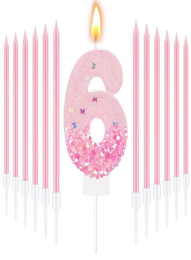 MTLEE Number 6th Pink Sequin Birthday Candles with 12 Pcs Pink Glitter Candles for Girls Princess Pastel Rainbow Unicorn Sweet Theme Birthday Decorations - Image 1