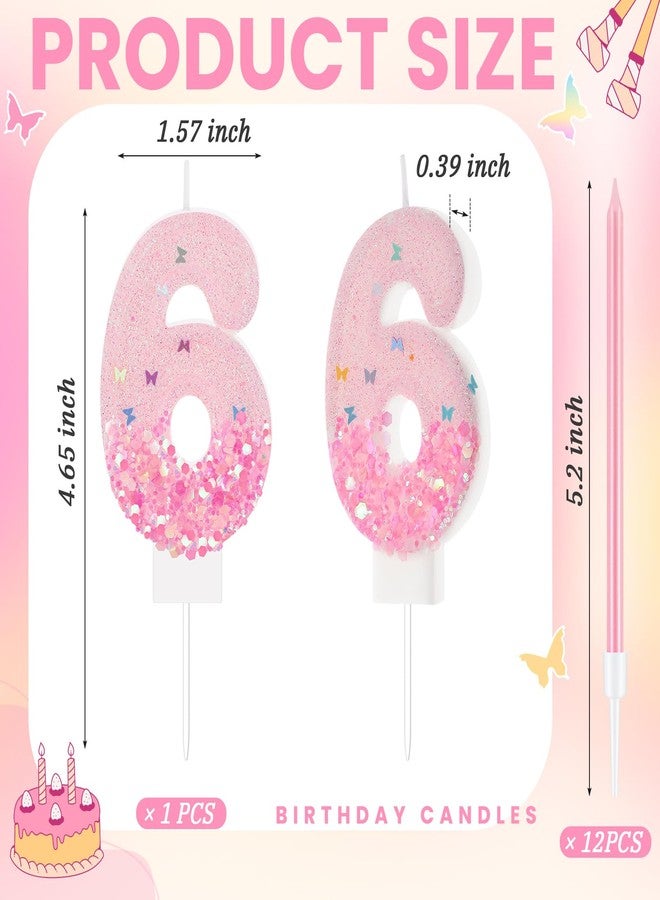 MTLEE Number 6th Pink Sequin Birthday Candles with 12 Pcs Pink Glitter Candles for Girls Princess Pastel Rainbow Unicorn Sweet Theme Birthday Decorations - Image 2