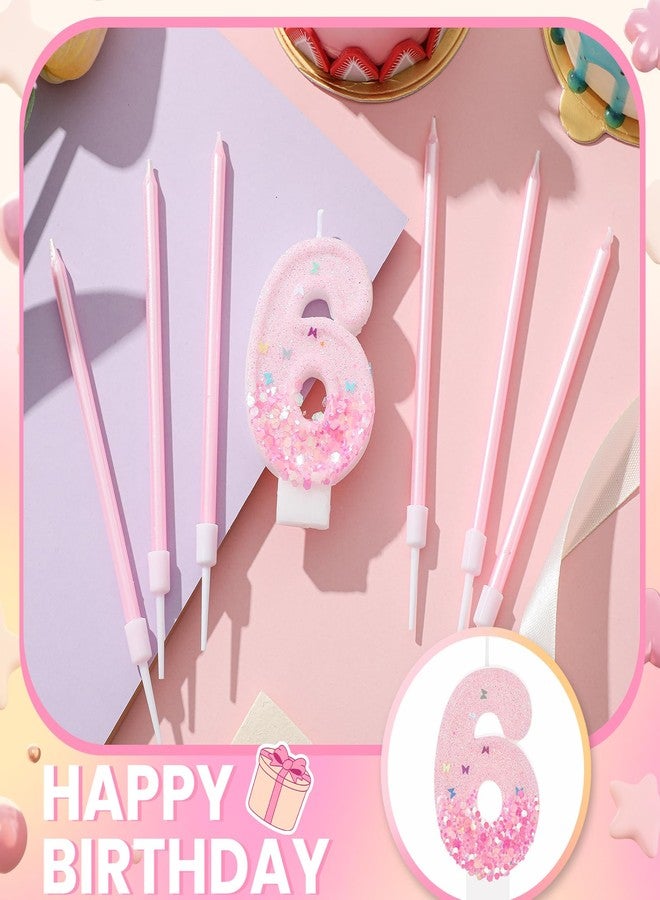 MTLEE Number 6th Pink Sequin Birthday Candles with 12 Pcs Pink Glitter Candles for Girls Princess Pastel Rainbow Unicorn Sweet Theme Birthday Decorations - Image 4