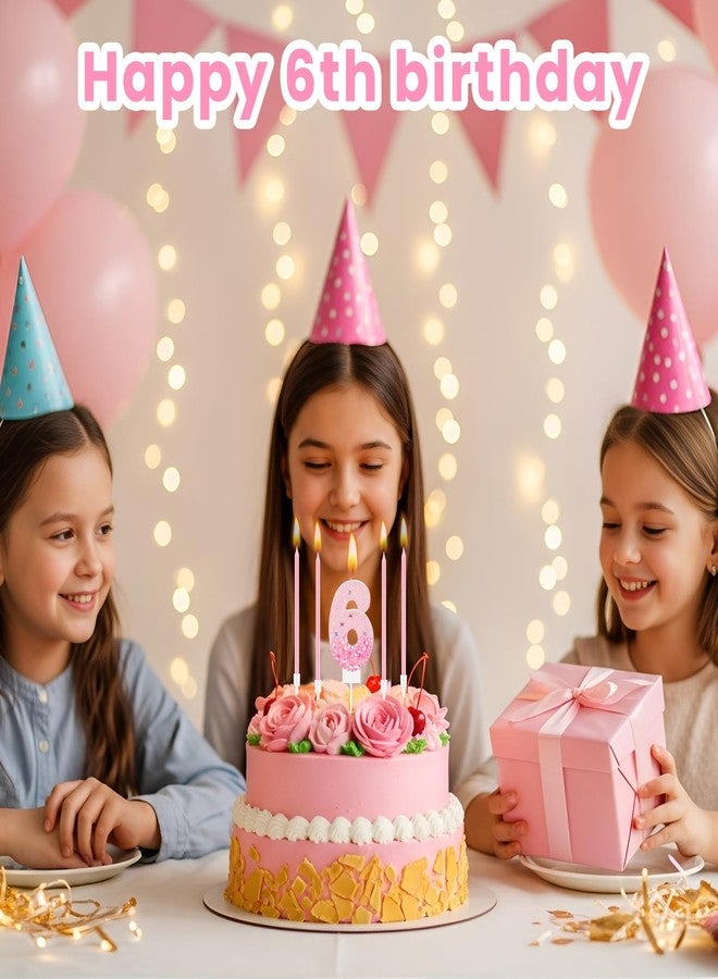 MTLEE Number 6th Pink Sequin Birthday Candles with 12 Pcs Pink Glitter Candles for Girls Princess Pastel Rainbow Unicorn Sweet Theme Birthday Decorations - Image 5