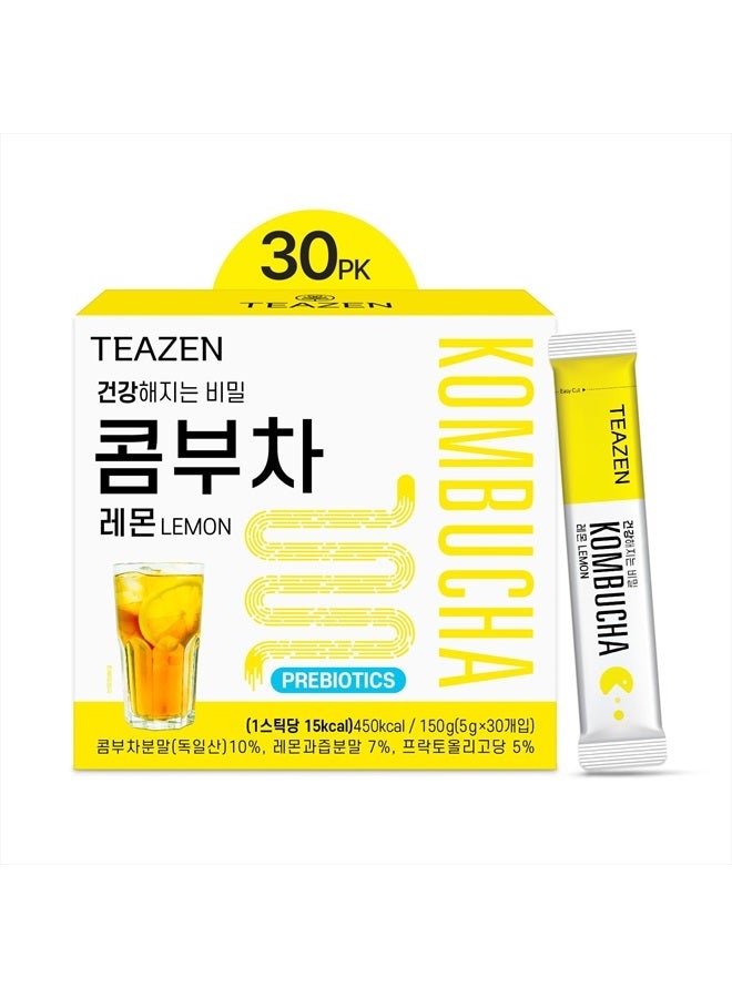 TEAZEN Lemon Kombucha Tea, Live Probiotics & Postbiotics, Sugar Free, Low Caffeine, Sparkling Fermented Kombucha Powder from Korea, 30 Sticks, 5.29oz - Image 1