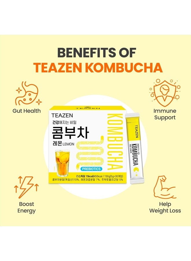 TEAZEN Lemon Kombucha Tea, Live Probiotics & Postbiotics, Sugar Free, Low Caffeine, Sparkling Fermented Kombucha Powder from Korea, 30 Sticks, 5.29oz - Image 5