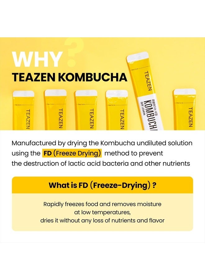TEAZEN Lemon Kombucha Tea, Live Probiotics & Postbiotics, Sugar Free, Low Caffeine, Sparkling Fermented Kombucha Powder from Korea, 30 Sticks, 5.29oz - Image 4