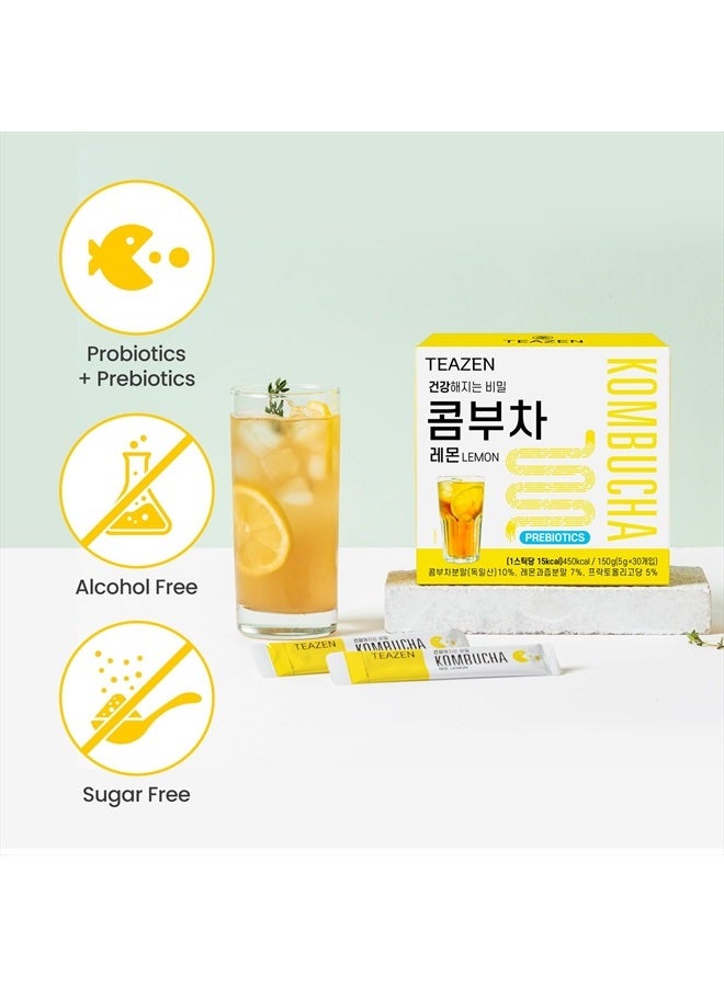 TEAZEN Lemon Kombucha Tea, Live Probiotics & Postbiotics, Sugar Free, Low Caffeine, Sparkling Fermented Kombucha Powder from Korea, 30 Sticks, 5.29oz - Image 3