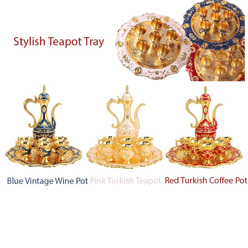 KUIDAMOS Turkish Tea Set,Vintage Turkish Coffee Sets Tea Sets For Women With Pot Tray And 6 Cups Turkish Coffee Cup Set Turkish Teapot European Style Turkish Coffee Pot Set For Home Decor,Small 8.46X5.11 Inch - Image 2