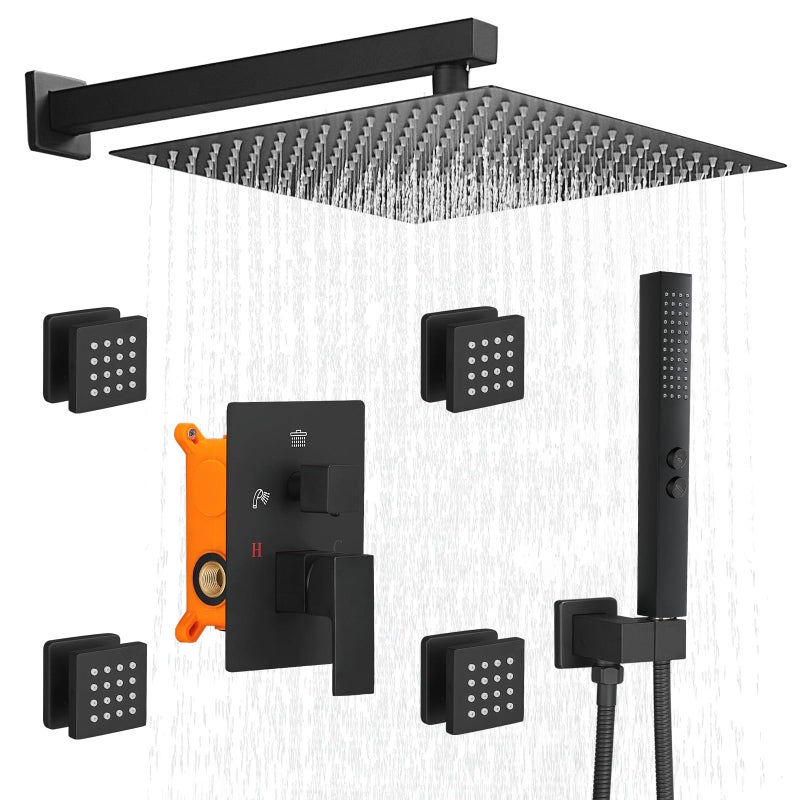 RUMOSE Rainfall Shower System with 4 Full Body Jet 4 Mode Shower Faucet Set with 12 Inch Rain Shower Head and 2 in 1 Handheld Spray Matte Black Brass Shower Jet Shower Fixtures Wall Mounted