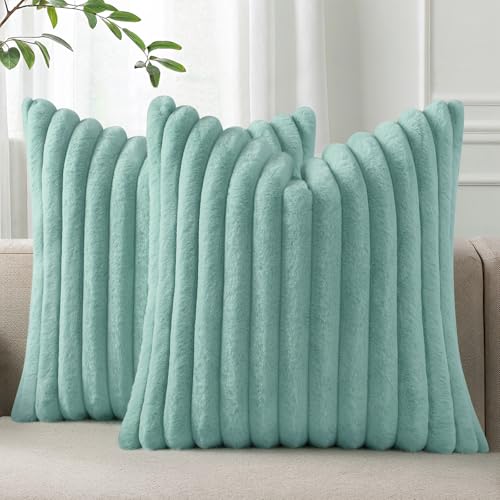 Pallene Faux Fur Plush Throw Pillow Covers 18x18 Set of 2 Luxury Soft Fluffy Striped Decorative Pillow Covers for Sofa Couch Living Room Aqua - Image 1
