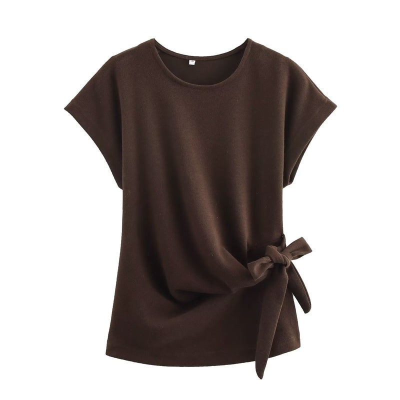 ZA cross-border womens clothing wholesale round neck short sleeve knitted jacket A- shaped skirt suit 0858674 0858673 Brown top