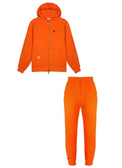 Flashmob Relaxed Fit Unisex Hooded Cotton Fleece Zippered Jacket & Track Pant Co-Ord Set - Orange  - Image 4
