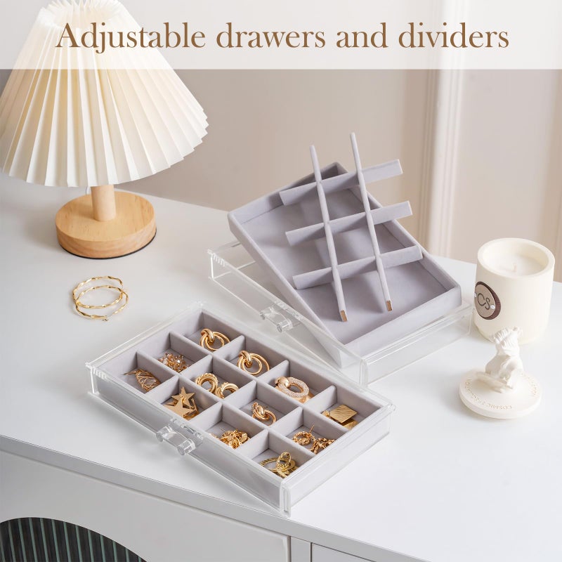 Lolalet Lolalet Earring Holder Organizer Box Jewelry Storage with 6 Drawers, Clear Acrylic Stackable Earring Case with Adjustable Velvet Trays for Women on Dresser Vanity -Grey, 6 Layers  - Image 2