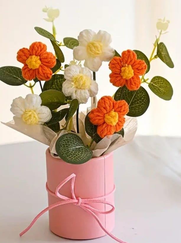 VRB Dec 1pcs Artificial Crochet Flower Bouquet/Artificial Flowers Bunch/Crochet flowers bouquet/Crochet flowers/Flowers Bouquet Gift for Girls Home Decor,gifting,etc. (Orange Daisy Bouquet) - Image 1