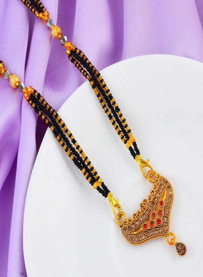 DULCI Antique Gold Plated Brass Gold Red & Brown Embellishments Stone Mangalsutra Pendant For Women - Image 4