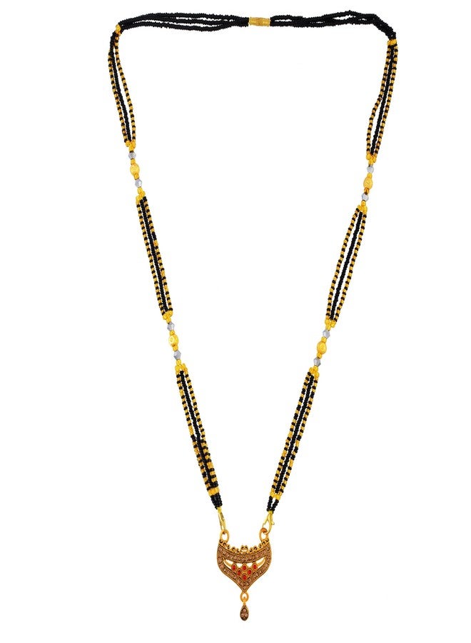DULCI Antique Gold Plated Brass Gold Red & Brown Embellishments Stone Mangalsutra Pendant For Women - Image 3
