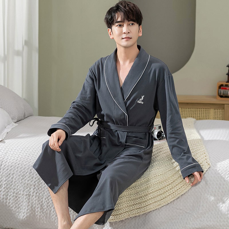 Nightgown Mens Cotton Long Summer Pajamas Thin Home Clothes Spring and Autumn Long Sleeve New Cotton High-end Mens BathrobeMNH-603 MNH-603