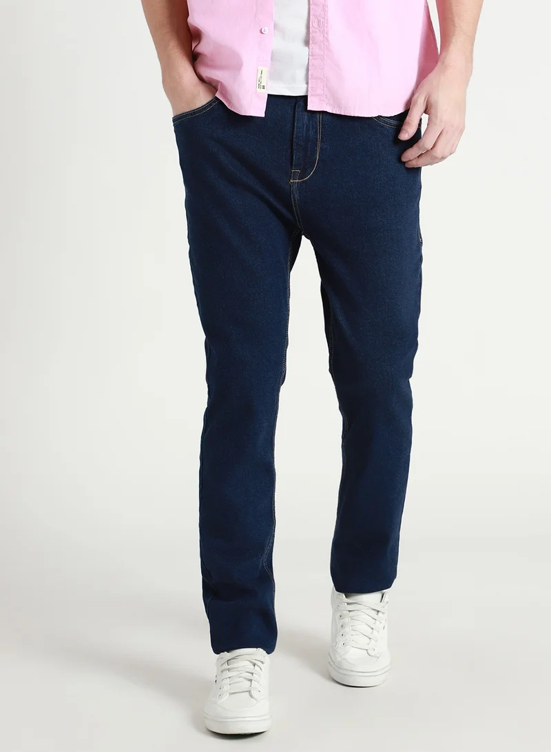 Dennis Lingo Men's Dark Blue 100% Cotton Solid Pattern Full Length Slim Fit Jeans
