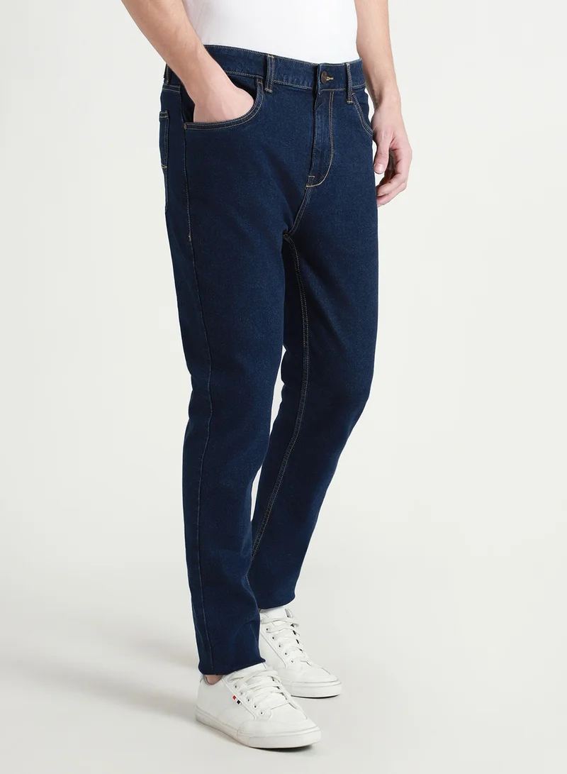 Dennis Lingo Men's Dark Blue 100% Cotton Solid Pattern Full Length Slim Fit Jeans