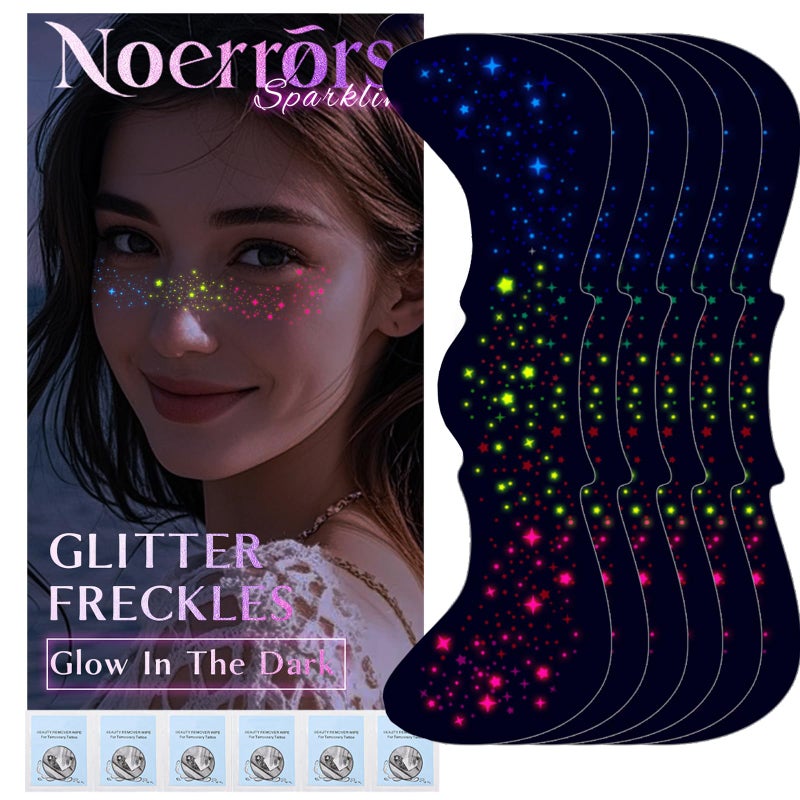 Noerrors 6pcs Rainbow Freckles Face Tattoo Sticker Glow under UV Light Blacklight in the Dark, Neon Fluorescent Glitter Colorful Star Fake Faux Freckle Temporary Patches Makeup for Party Supplies #02 - Image 1