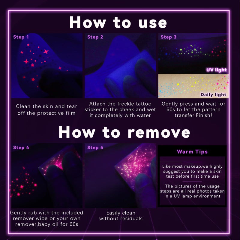 Noerrors 6pcs Rainbow Freckles Face Tattoo Sticker Glow under UV Light Blacklight in the Dark, Neon Fluorescent Glitter Colorful Star Fake Faux Freckle Temporary Patches Makeup for Party Supplies #02 - Image 4