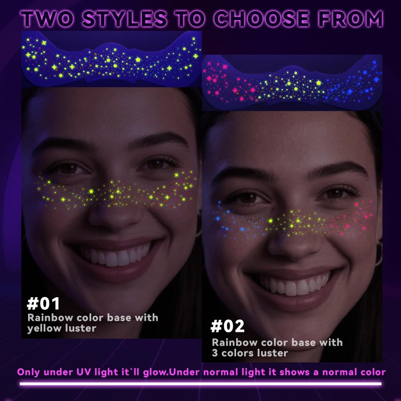 Noerrors 6pcs Rainbow Freckles Face Tattoo Sticker Glow under UV Light Blacklight in the Dark, Neon Fluorescent Glitter Colorful Star Fake Faux Freckle Temporary Patches Makeup for Party Supplies #02 - Image 5