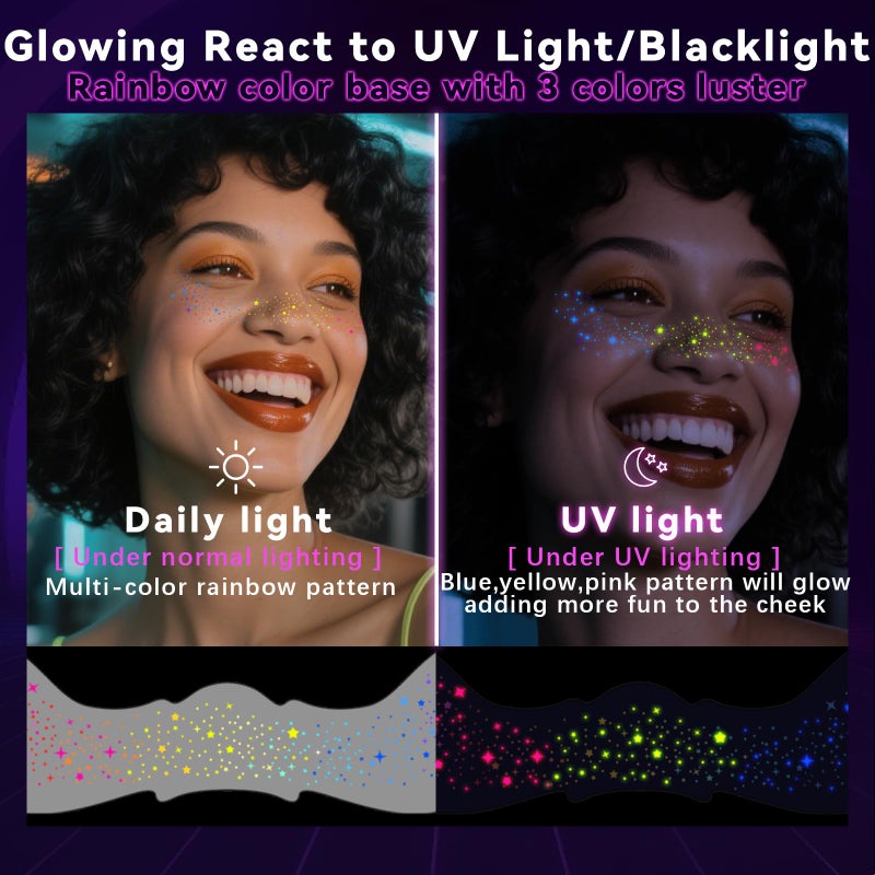 Noerrors 6pcs Rainbow Freckles Face Tattoo Sticker Glow under UV Light Blacklight in the Dark, Neon Fluorescent Glitter Colorful Star Fake Faux Freckle Temporary Patches Makeup for Party Supplies #02 - Image 3
