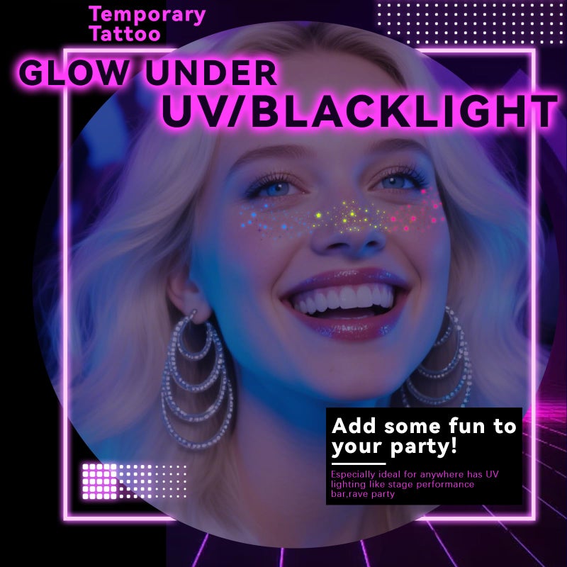 Noerrors 6pcs Rainbow Freckles Face Tattoo Sticker Glow under UV Light Blacklight in the Dark, Neon Fluorescent Glitter Colorful Star Fake Faux Freckle Temporary Patches Makeup for Party Supplies #02 - Image 2