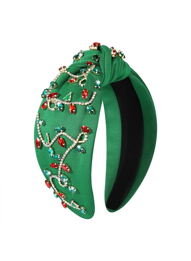 Boderier Christmas Headbands For Women Christmtas Lights Headband Jeweled Crystal Embellished Wide Knotted Headband Xmas Holiday Accessories Gifts (Green-Rhinestone Lights) 