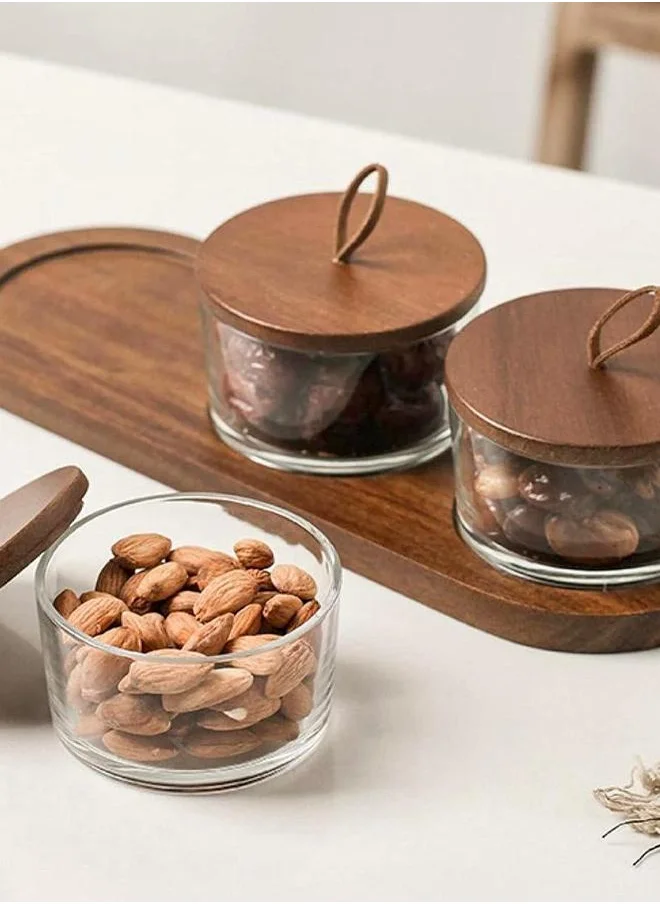 QUESERA Glass nut jar set with woodsen tray- 3 pc set