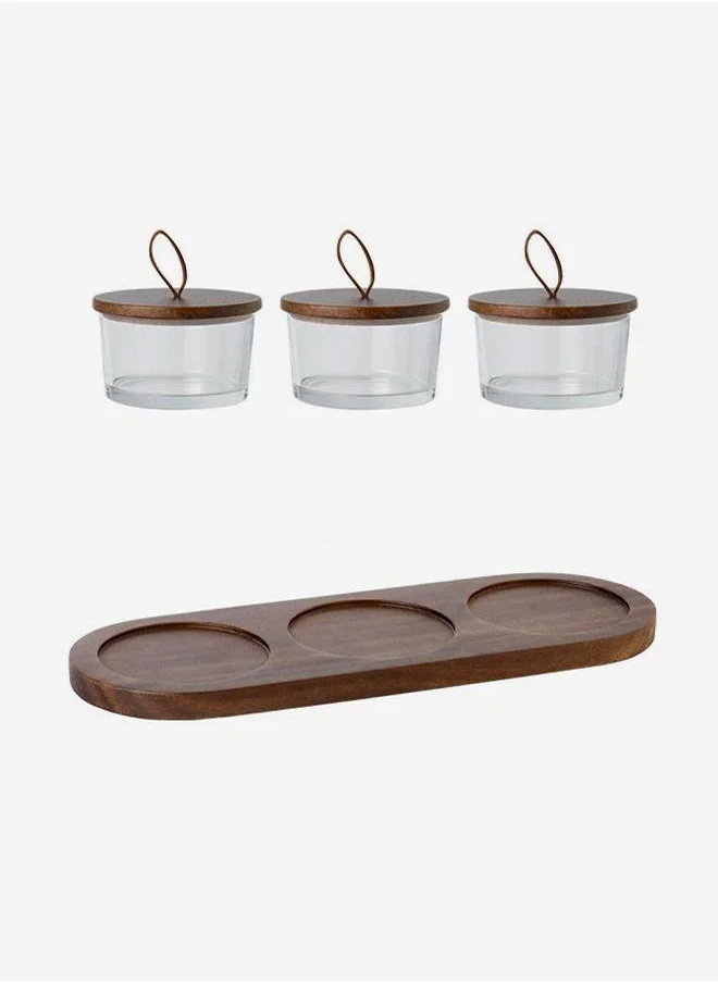 QUESERA Glass nut jar set with woodsen tray- 3 pc set
