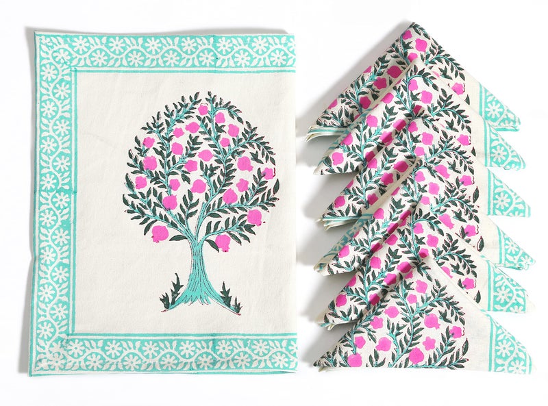 BLOCKS OF INDIA Hand Block Printed Cotton Table Runner, Mat and Napkin Set for Center/Dining Table (Anar Ka Ped) - Image 3
