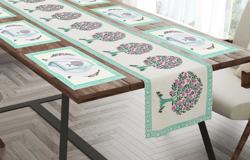 BLOCKS OF INDIA Hand Block Printed Cotton Table Runner, Mat and Napkin Set for Center/Dining Table (Anar Ka Ped) - Image 1