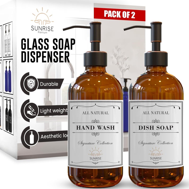 Sunrise Premium 2 Pack Amber Glass Soap Dispenser 16 OZ with Oil Rubbed Bronze Stainless Steel Pump Hand and Dish Soap Dispenser Set for Bathroom and Kitchen Sink with 6 Waterproof Labels