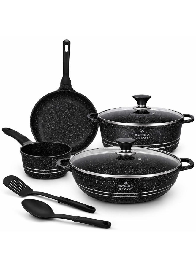SONEX Marbella Premium Die-Cast Granite Cookware Set, 8-Piece Non-Stick Pots & Pans with Glass Lids, Healthy Low-Oil Cooking, Durable & Easy to Clean, Black - Image 1