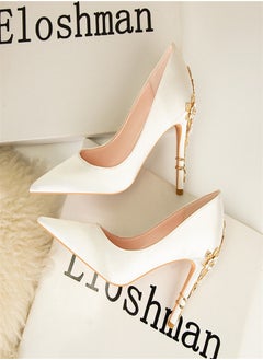 Eloshman Fashionable Floral Slim Heeled Pointed High Heeled Single Shoes White  - Image 1