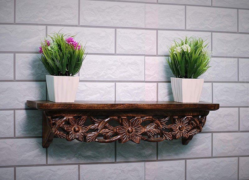 APEROL DESIGN Beautiful Hand Carved Wood Lacquered Wall Decor Shelf for Living Room Brown Set of 1 Classic