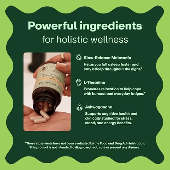 WellWithAll Sleep Support with Sustained-Release Melatonin | Includes L-Theanine and Ashwagandha | Promotes Relaxation and Sleep Quality | Supports Stress Management | Use Before Bedtime | 30 Capsules - Image 2