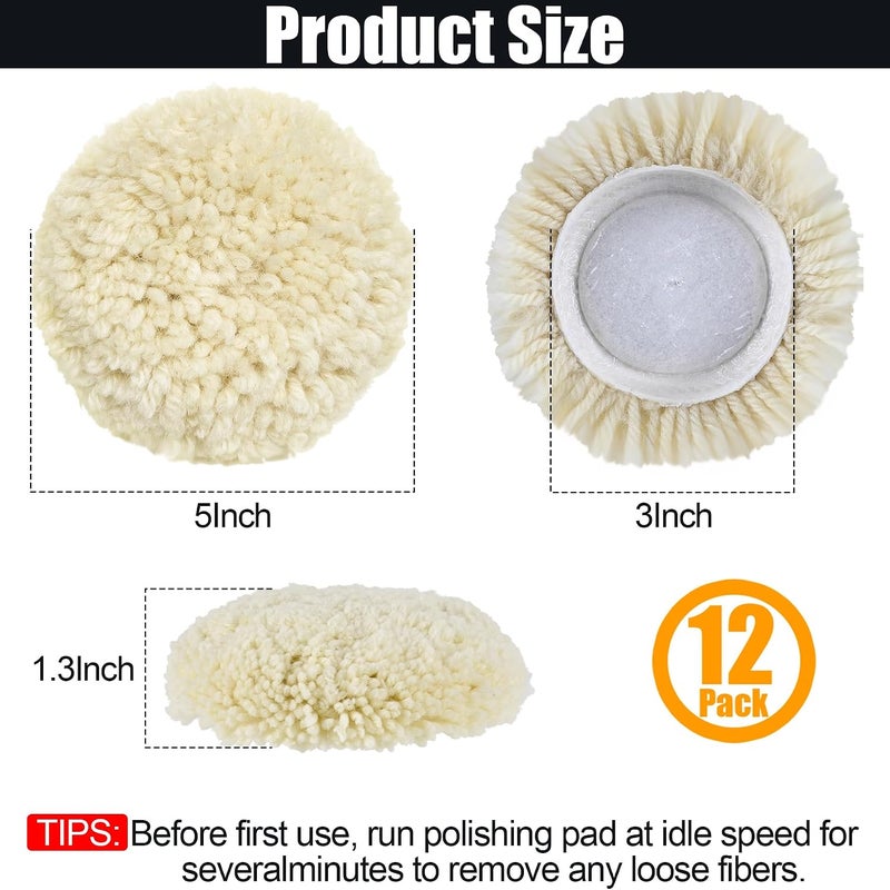 phepetroll 12 PCS Wool Buffing Polishing Pads 3 Inch, Natural Wool Cutting Pads with Hook and Loop Backing Compound & Polishing for Automotive Car Boats Glass Furniture Repair - Image 2