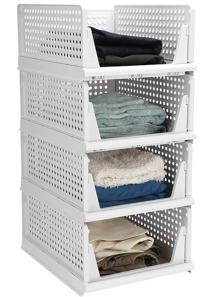 HomarKet - 4 Pack Stackable Plastic Storage Basket for Wardrobe Cabinet Kitchen Bathroom and Office 43x33x18.5cm,White - Image 1