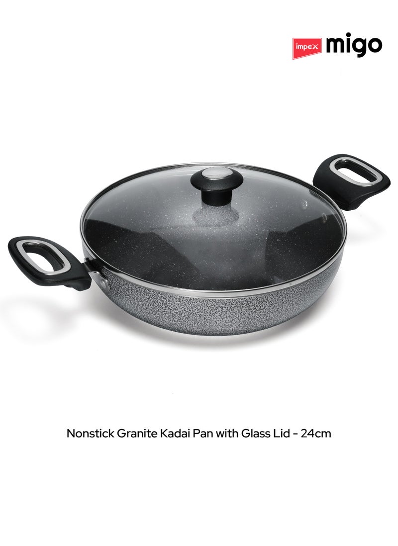 Impex 6-Piece Induction Bottom Cookware Set Aluminum 5-Layer Super Granite Non-Stick Coated Hammer Tone Exterior Finish Kadai Pan With Glass Lid, Tawa Pan Frypan 2 Spatulas MFKT6 Grey  - Image 5