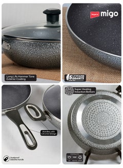 Impex 6-Piece Induction Bottom Cookware Set Aluminum 5-Layer Super Granite Non-Stick Coated Hammer Tone Exterior Finish Kadai Pan With Glass Lid, Tawa Pan Frypan 2 Spatulas MFKT6 Grey  - Image 4