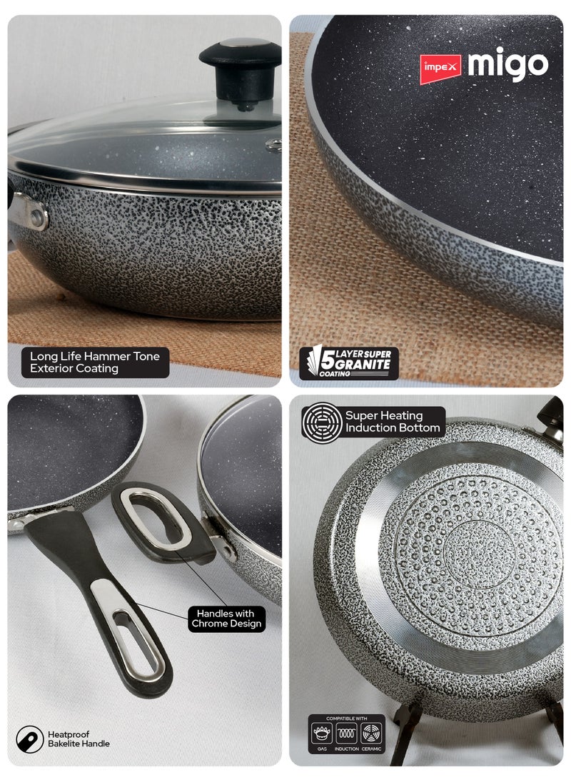 Impex 6-Piece Induction Bottom Cookware Set Aluminum 5-Layer Super Granite Non-Stick Coated Hammer Tone Exterior Finish Kadai Pan With Glass Lid, Tawa Pan Frypan 2 Spatulas MFKT6 Grey  - Image 4